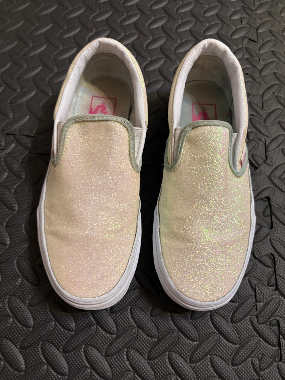 Vans Kids Slip-On Sneakers in Iridescent Cream with Pink Sheen